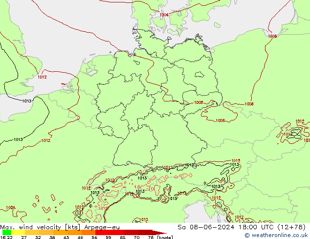 Max. wind velocity Arpege-eu сб 08.06.2024 18 UTC