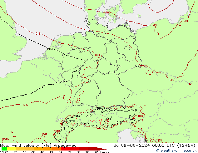 Max. wind velocity Arpege-eu nie. 09.06.2024 00 UTC