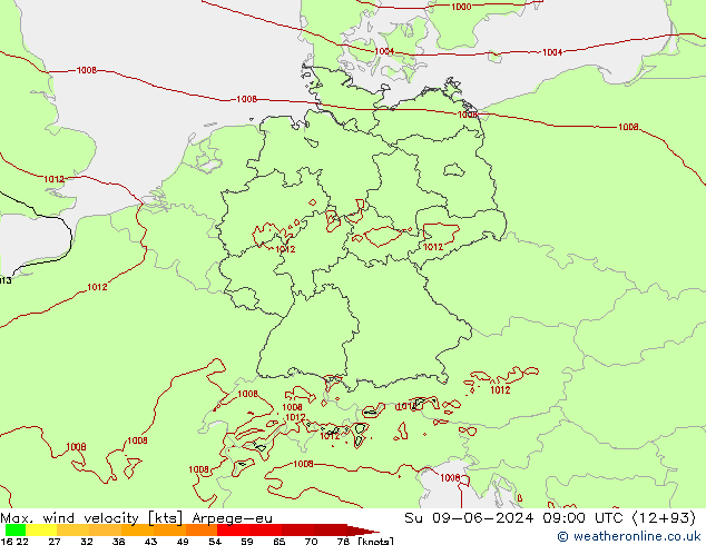 Max. wind velocity Arpege-eu Dom 09.06.2024 09 UTC