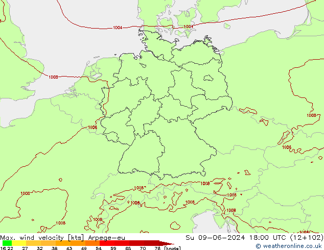 Max. wind velocity Arpege-eu Su 09.06.2024 18 UTC