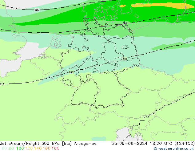 Jet stream/Height 300 hPa Arpege-eu Ne 09.06.2024 18 UTC