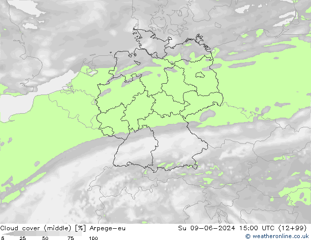 Cloud cover (middle) Arpege-eu Su 09.06.2024 15 UTC