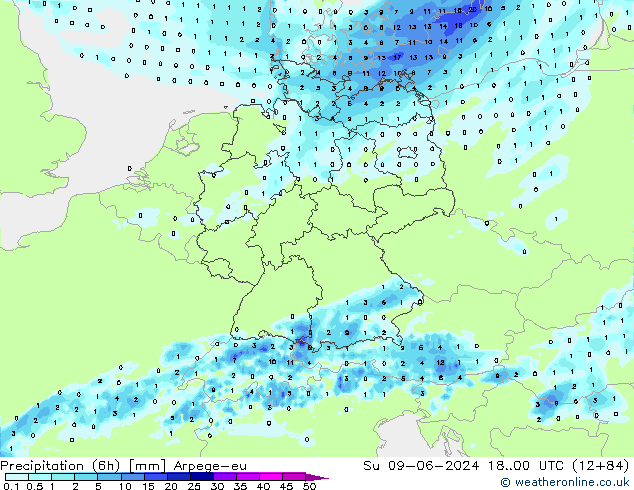 Precipitation (6h) Arpege-eu Su 09.06.2024 00 UTC