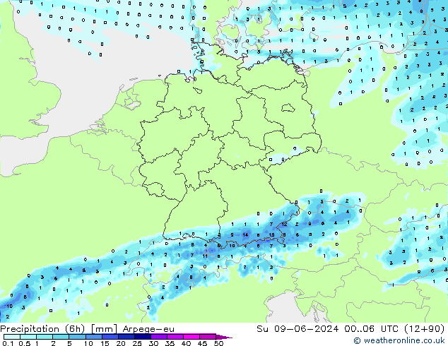 Precipitation (6h) Arpege-eu Su 09.06.2024 06 UTC