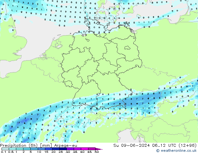 Precipitation (6h) Arpege-eu Su 09.06.2024 12 UTC