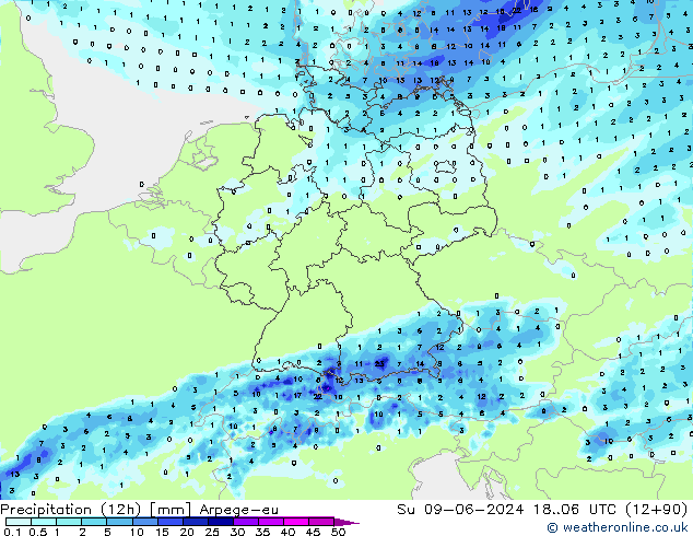 Totale neerslag (12h) Arpege-eu zo 09.06.2024 06 UTC