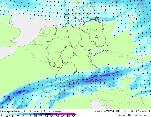 降水量 (12h) Arpege-eu 星期日 09.06.2024 12 UTC