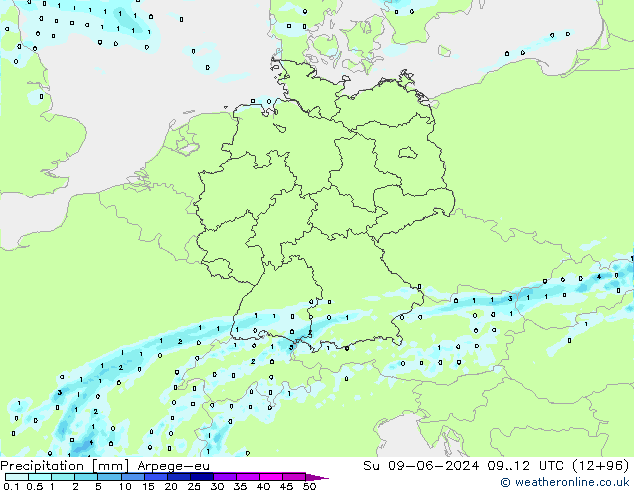 Neerslag Arpege-eu zo 09.06.2024 12 UTC