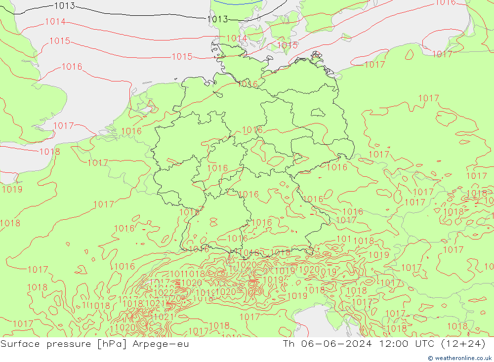 Atmosférický tlak Arpege-eu Čt 06.06.2024 12 UTC