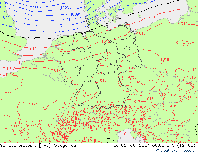Presión superficial Arpege-eu sáb 08.06.2024 00 UTC