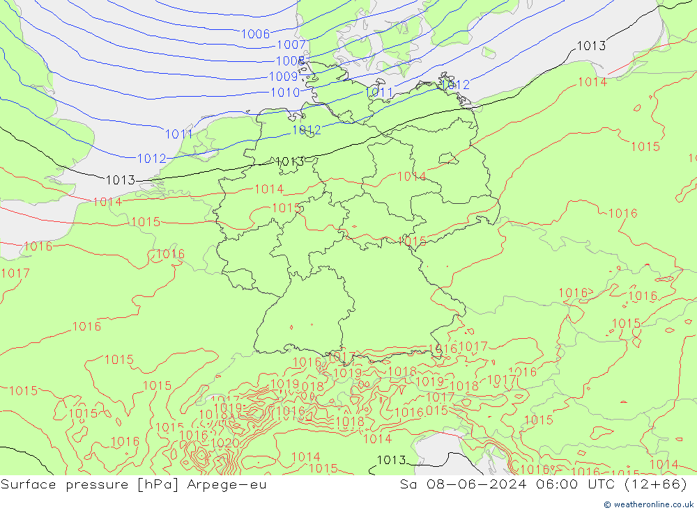 Presión superficial Arpege-eu sáb 08.06.2024 06 UTC