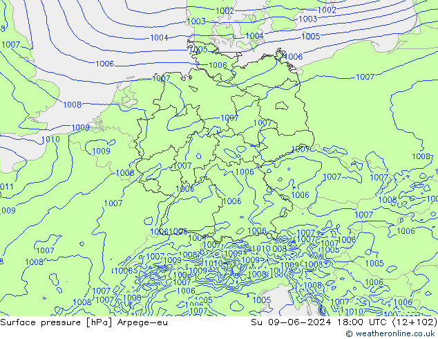 Atmosférický tlak Arpege-eu Ne 09.06.2024 18 UTC