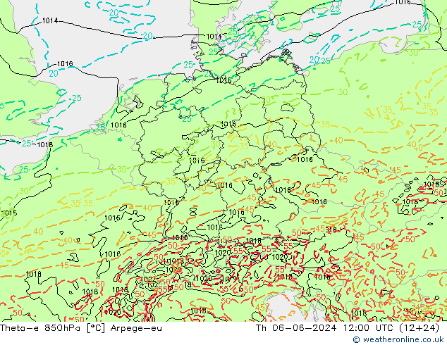 Theta-e 850hPa Arpege-eu Čt 06.06.2024 12 UTC