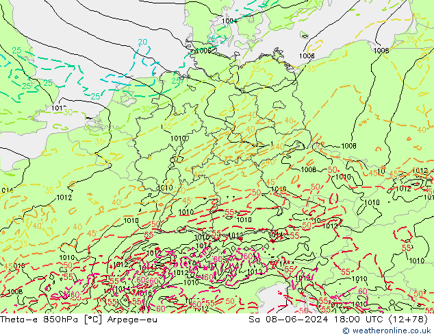 Theta-e 850гПа Arpege-eu сб 08.06.2024 18 UTC