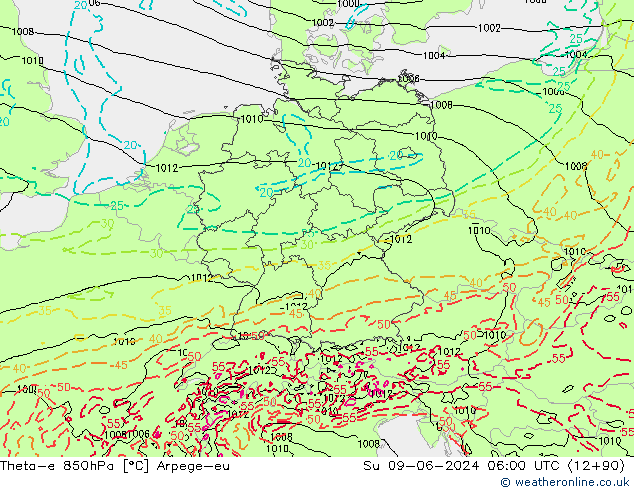 Theta-e 850hPa Arpege-eu  09.06.2024 06 UTC