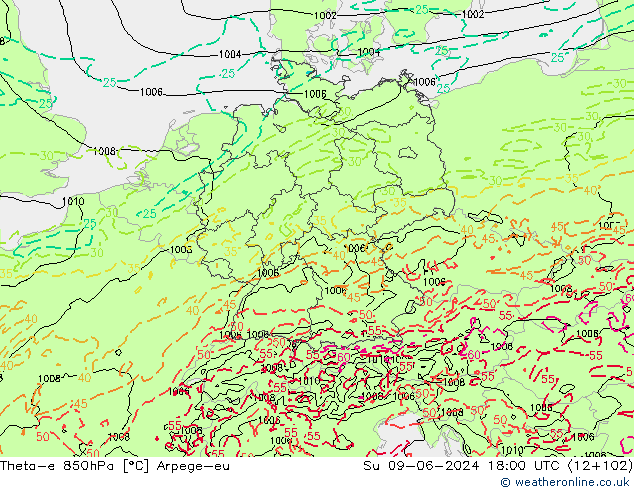 Theta-e 850hPa Arpege-eu dom 09.06.2024 18 UTC