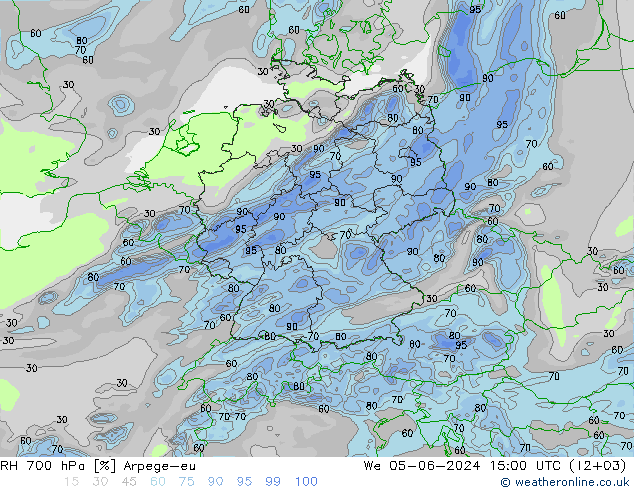 RH 700 hPa Arpege-eu Qua 05.06.2024 15 UTC