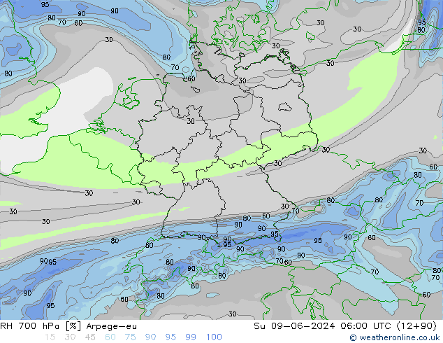 RH 700 hPa Arpege-eu Dom 09.06.2024 06 UTC