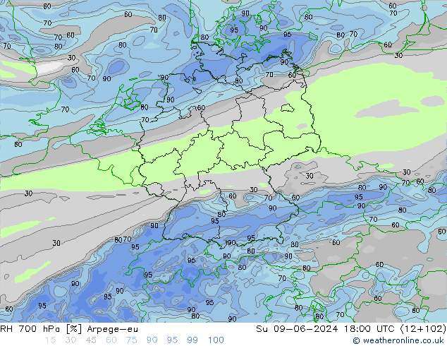 Humedad rel. 700hPa Arpege-eu dom 09.06.2024 18 UTC