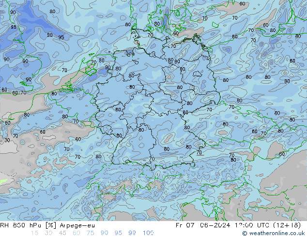 RH 850 hPa Arpege-eu Fr 07.06.2024 12 UTC