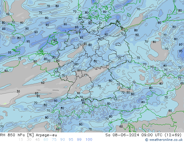 RH 850 hPa Arpege-eu Sa 08.06.2024 09 UTC