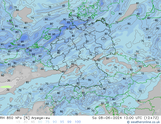 RH 850 hPa Arpege-eu Sa 08.06.2024 12 UTC