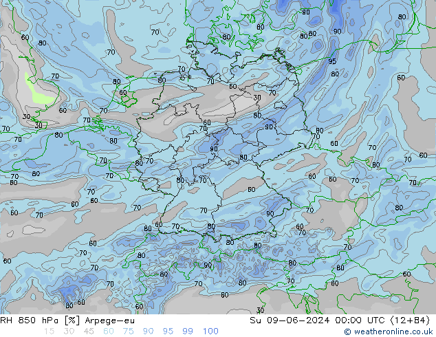 Humidité rel. 850 hPa Arpege-eu dim 09.06.2024 00 UTC