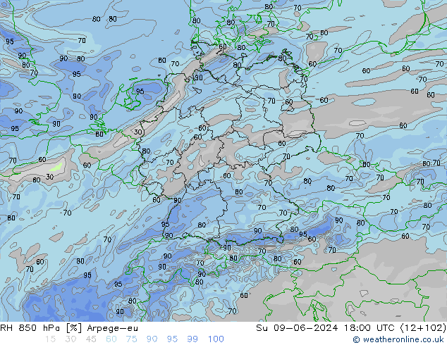 RH 850 hPa Arpege-eu Ne 09.06.2024 18 UTC