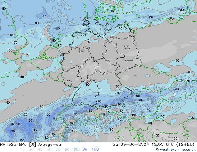 RH 925 hPa Arpege-eu 星期日 09.06.2024 12 UTC