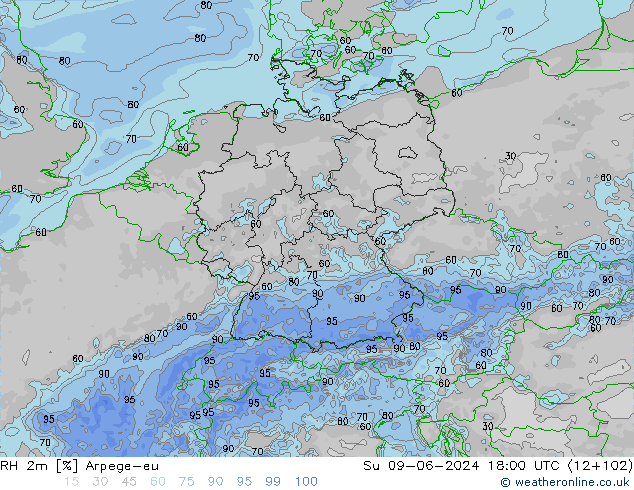 RH 2m Arpege-eu 星期日 09.06.2024 18 UTC