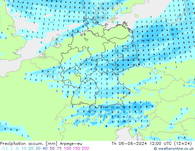 Precipitation accum. Arpege-eu 星期四 06.06.2024 12 UTC
