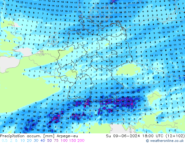 Precipitation accum. Arpege-eu nie. 09.06.2024 18 UTC