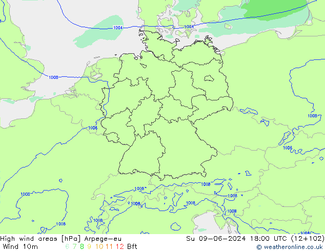 High wind areas Arpege-eu Ne 09.06.2024 18 UTC