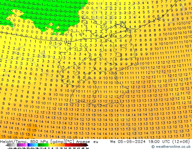 Height/Temp. 850 hPa Arpege-eu We 05.06.2024 18 UTC