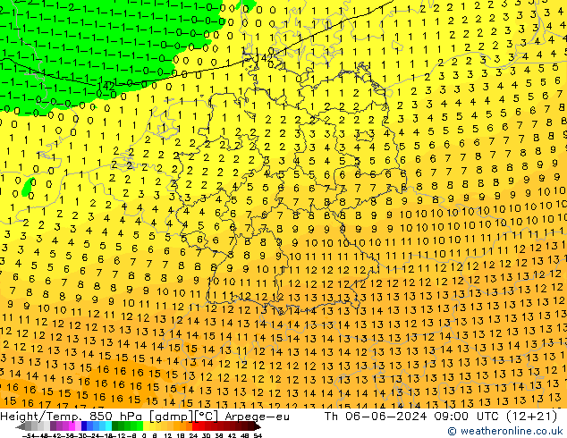 Hoogte/Temp. 850 hPa Arpege-eu do 06.06.2024 09 UTC