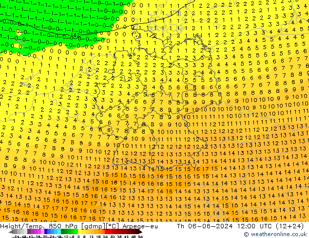 Height/Temp. 850 гПа Arpege-eu чт 06.06.2024 12 UTC