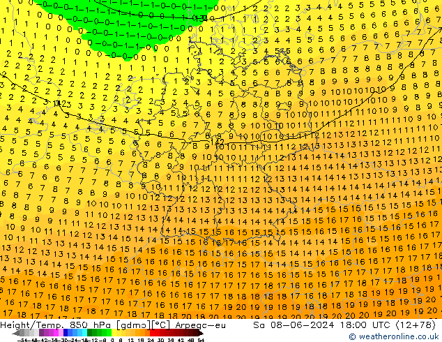 Height/Temp. 850 hPa Arpege-eu  08.06.2024 18 UTC