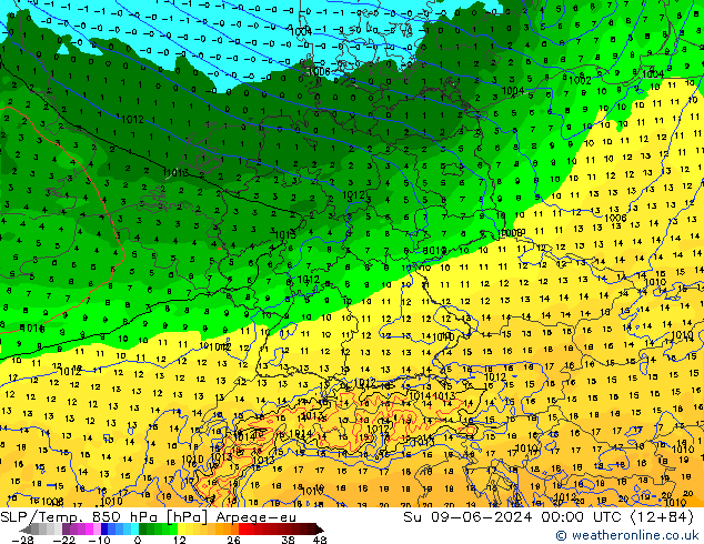 SLP/Temp. 850 hPa Arpege-eu Dom 09.06.2024 00 UTC