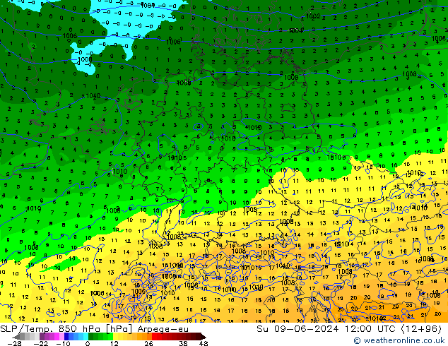 SLP/Temp. 850 hPa Arpege-eu nie. 09.06.2024 12 UTC