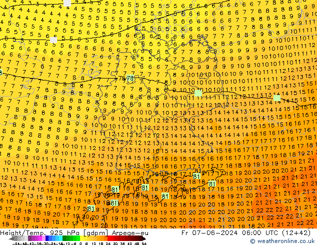 Geop./Temp. 925 hPa Arpege-eu vie 07.06.2024 06 UTC