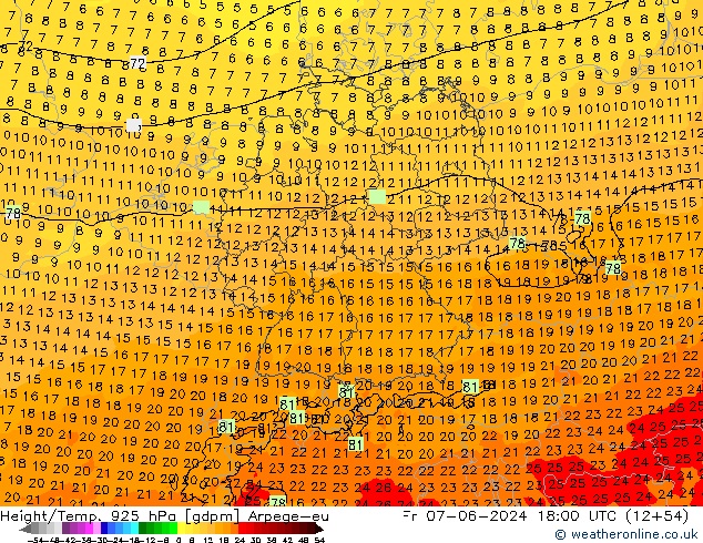 Géop./Temp. 925 hPa Arpege-eu ven 07.06.2024 18 UTC