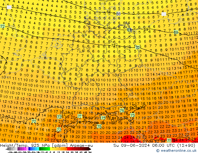 Height/Temp. 925 hPa Arpege-eu Su 09.06.2024 06 UTC