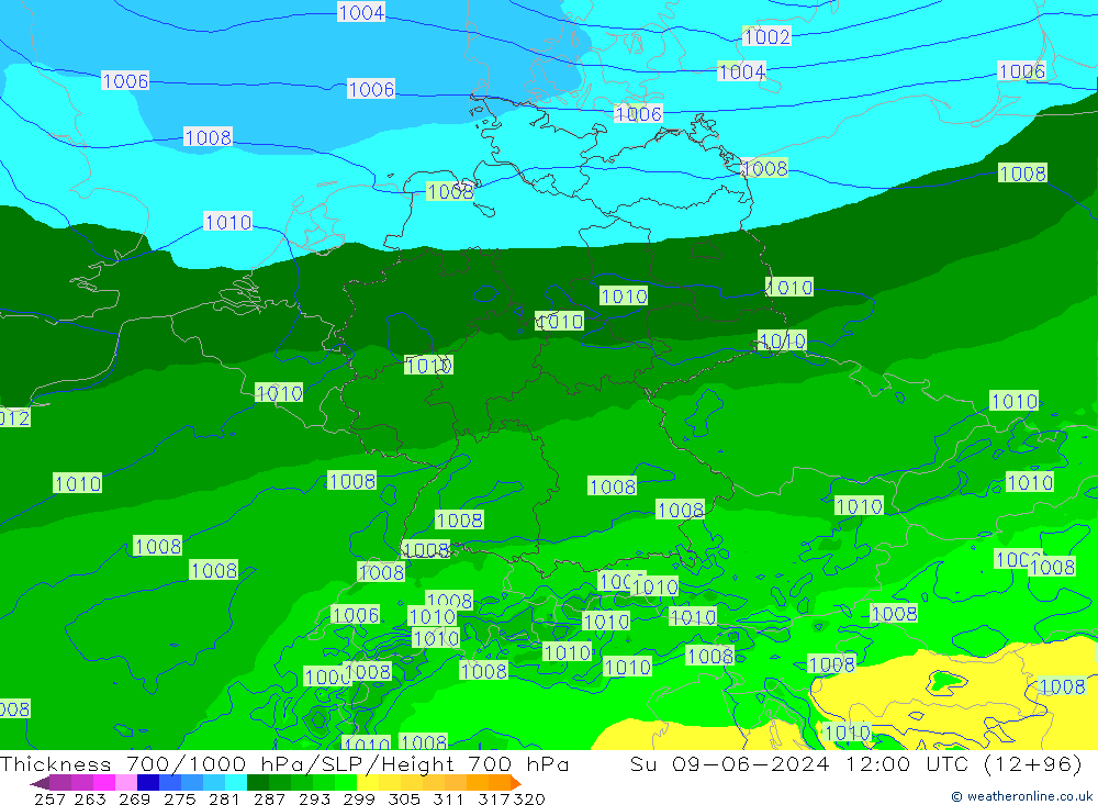 Schichtdicke 700-1000 hPa Arpege-eu So 09.06.2024 12 UTC