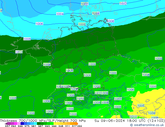 Thck 700-1000 hPa Arpege-eu Su 09.06.2024 18 UTC