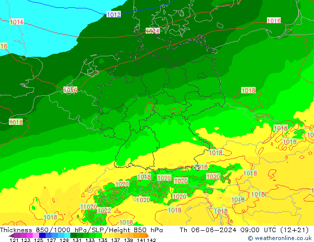 Schichtdicke 850-1000 hPa Arpege-eu Do 06.06.2024 09 UTC