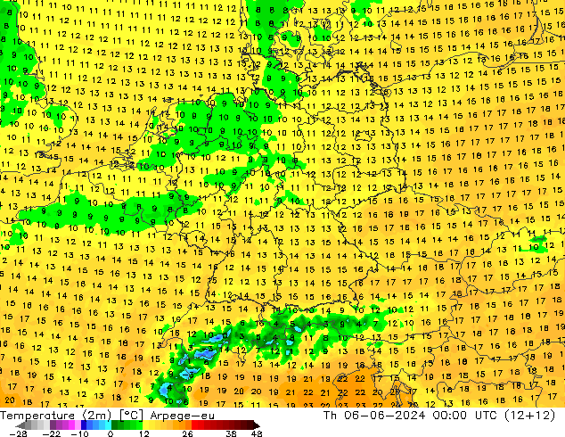 Temperature (2m) Arpege-eu Th 06.06.2024 00 UTC