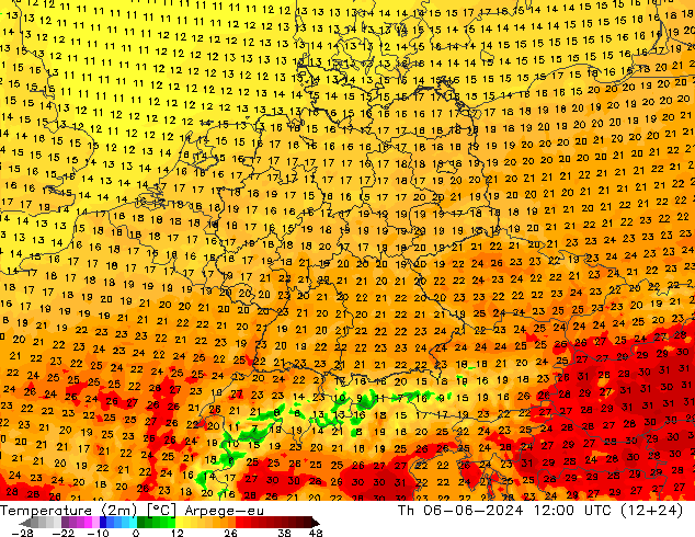 Temperaturkarte (2m) Arpege-eu Do 06.06.2024 12 UTC