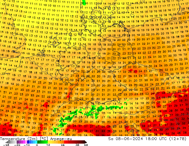 Temperaturkarte (2m) Arpege-eu Sa 08.06.2024 18 UTC