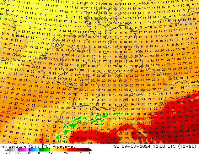 température (2m) Arpege-eu dim 09.06.2024 12 UTC