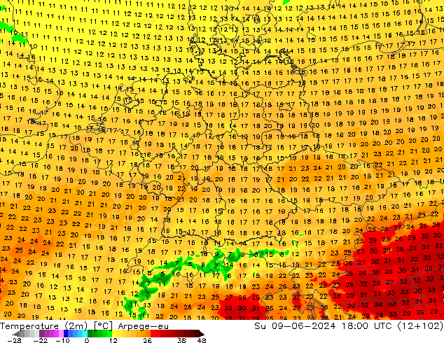 Temperature (2m) Arpege-eu Su 09.06.2024 18 UTC